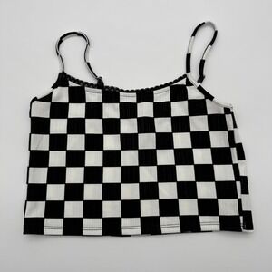 Forever 21 Women Black White Checkerboard Ribbed Lace Trim Cami Crop Top Large